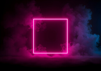 Wall Mural - Glowing neon pink square with vibrant blurry abstract background.