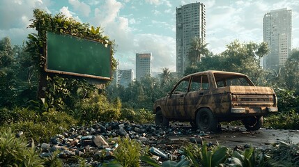 Poster - futuristic city landscape featuring digital billboards sustainable waste management systems and open