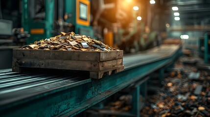 Poster - photograph of conveyor belts moving old electronic devices and equipment into a recycling plant for 