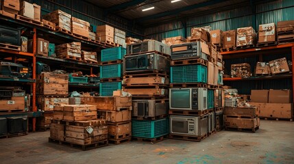 Poster - a modern eco friendly facility processing electronic waste featuring large stacks of discarded appli