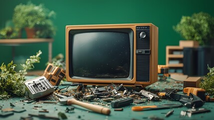 Poster - photograph of an old crt television being carefully dismantled at an electronic waste recycling stat