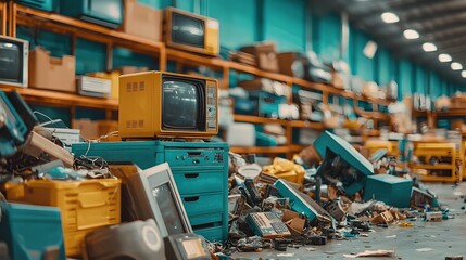 Poster - organized electronic waste sorting facility with neatly arranged old appliances creating a balanced 