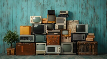 Poster - photograph of an orderly electronic waste sorting facility featuring neatly arranged old appliances 