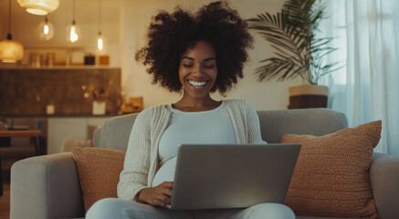 Aufkleber - A woman with a joyful expression sits comfortably on a couch in her cozy living room, engaging with her laptop.