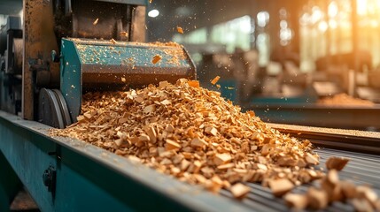 Poster - conveyor belts transporting chopped wood pieces for recycling and processing in an industrial facili