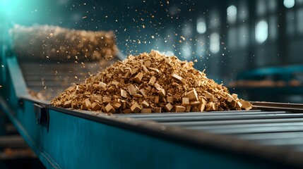 Poster - conveyor belts transporting chopped wood pieces for processing in a recycling facility leaving room 