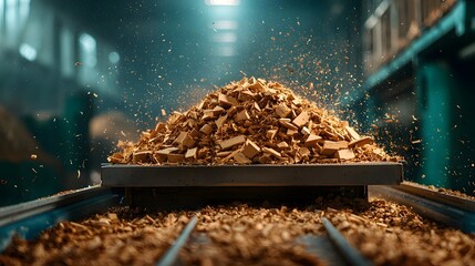 Poster - conveyor belts transporting chopped wood pieces for processing in a recycling facility leaving room 
