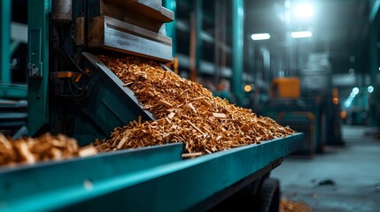 Poster - photograph of a modern state of the art wood waste recycling facility featuring advanced robotic sor