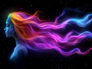 Wall Mural - a woman with hair flowing in vibrant colors within space