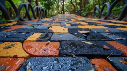 Leinwandbilder - Colorful paving stones in shades of orange, yellow, and black create a charming walkway in a serene garden, surrounded by greenery and glistening droplets from recent rain.