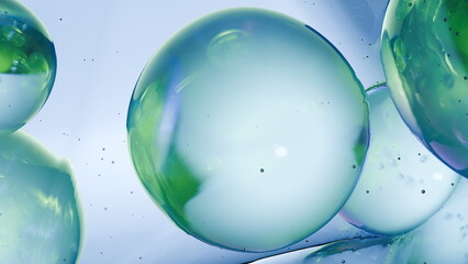 Poster - Translucent bubbles of various sizes drift through tranquil blue backdrop, reflecting soft hues of green and blue. light illuminates their smooth surfaces, creating a dreamy atmosphere. 3d render