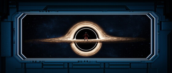 Wall Mural - a lone figure gazes at a massive black hole from the cockpit of futuristic spacecraft. swirling cosm