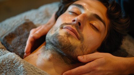 Poster - A man receives a facial treatment, his eyes closed and expression calm, while hands gently massage his face in a peaceful environment, enhancing relaxation and self care.