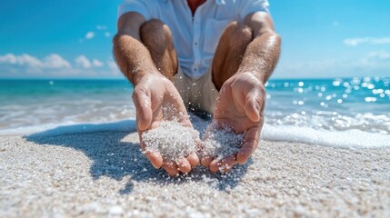 Poster - A man is sitting on the beach with his hands in the sand