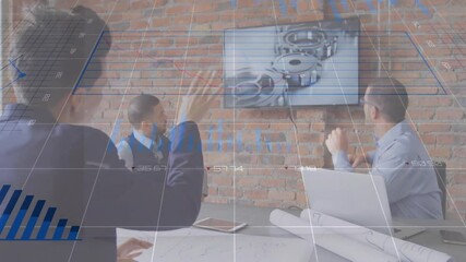 Poster - Business meeting with financial charts and graphs animation over brick wall