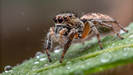 Wall Mural - tiny predator: a detailed macro shot captures a vibrant jumping spider, poised on a leaf, its intric