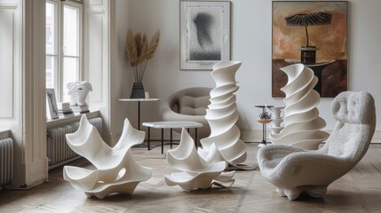 Poster - Elegant living room showcasing sculptural furniture pieces that blend art and functionality, illuminated by natural light through large windows, creating a serene atmosphere.