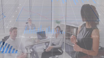 Poster - Presenting financial data, businesswoman using animation with team in office meeting