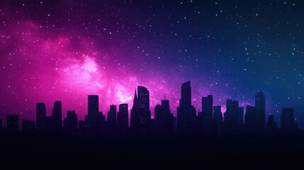 Poster - Dark sky idea. A vibrant city skyline silhouetted against a cosmic night sky filled with stars.