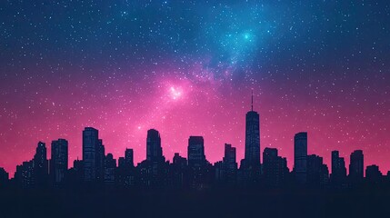 Poster - Dark sky idea. Silhouette skyline against a starry night sky with vibrant colors and cosmic elements.