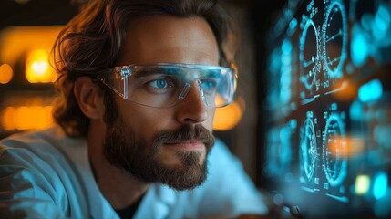 Fototapete - A scientist studies complex quantum physics data on a computer screen, focusing on simulations of qubits, superposition, and entanglement in a lab setting.