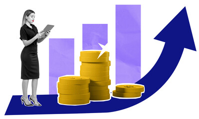 Poster - Businesswoman inoutfit holds tablet, analyzing financial growth. Coin stacks, bar chart, and upward arrow on white background symbolize success