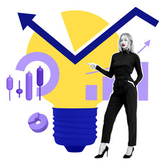 Poster - Confident businesswoman pointing at financial growth chart with stock market symbols and a large yellow lightbulb on a white background, concept of investment