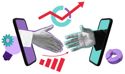 Poster - two hands extending from smartphones for a handshake, surrounded by business and financial icons on 