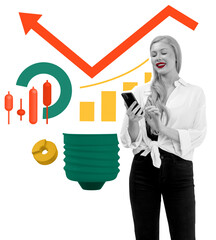 Poster - Confident businesswoman using smartphone with financial graphs, stock market symbols, and investment elements on white background. Concept of finance
