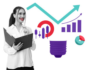 Poster - Confident businesswoman holding a folder, analyzing financial charts on a white background. Concept of market growth, analysis, and investment strategy