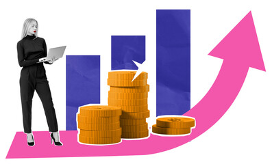 Poster - Businesswoman with laptop analyzing financial growth, standing near stacked coins and upward charts. Collage style on white background, success concept
