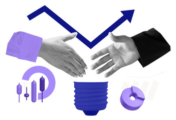 Poster - Two hands reaching for a handshake with financial symbols, a growth arrow, and market elements on a white background. Concept of business agreement and success
