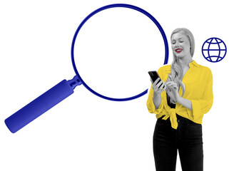 Poster - Woman in yellow shirt using smartphone, magnifying glass and internet icon beside her on white background. Concept of online search and digital communication