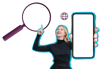 Poster - Smiling woman inoutfit holding smartphone with blank screen, pointing at magnifying glass icon on white background. Concept of online search and browsing