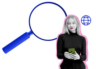 Poster - Woman inoutfit holding smartphone, magnifying glass, and internet icon on white background. Digital search and online browsing concept