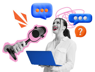 Poster - Woman holding a blue laptop, surrounded by speech bubbles, a microphone, and abstract elements on a white background. Concept of communication and media