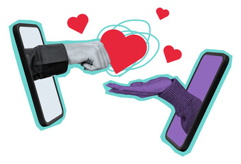 Poster - Two hands emerging from smartphones exchanging a heart, symbolizing online dating and digital romance. Abstract collage style on a white background