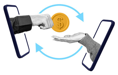 Poster - hands exchanging a digital coin through smartphone screens on a white background. concept of online 