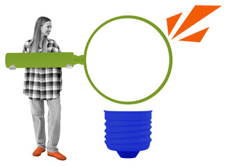 Poster - Woman in plaid shirt holding large green marker, forming an empty speech bubble with blue and orange elements on a white background, concept of communication