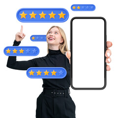 Poster - Smiling woman inoutfit holding smartphone with blank screen, pointing up, surrounded by floating star rating icons on isolated white background. Concept of online reviews and customer feedback