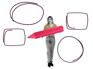 Poster - Woman holding a large pink pencil with hand-drawn speech bubbles around her on a white background. Concept of creativity, communication, and ideas