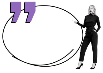 Poster - Woman inoutfit pointing at a large empty speech bubble with purple quotation marks, isolated on white background. Concept for communication or quotes