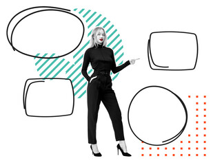 Poster - Woman in stylishoutfit pointing at empty speech bubbles with abstract design elements on a white background. Concept of communication and social interaction