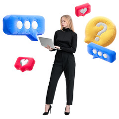 Poster - Woman inoutfit holding laptop, surrounded by colorful speech bubble pillows, standing on a white background. Concept of communication and social media