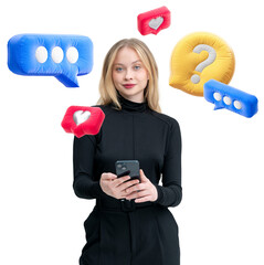 Poster - Woman inoutfit holding smartphone, surrounded by floating speech bubbles and reaction icons. Isolated on white background, representing social media interaction