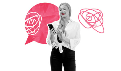 Poster - Woman in white shirt using smartphone, surrounded by red abstract speech bubbles with tangled lines, on white background. Concept of communication or confusion
