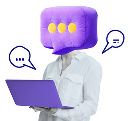 Poster - Woman with a speech bubble-shaped head holding a laptop, isolated on a white background. Speech bubbles around her represent online communication and messaging