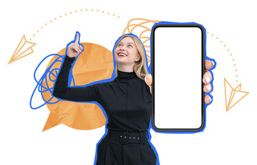 Poster - Smiling woman in dark outfit holding smartphone with blank screen, pointing up. Abstract speech bubble and paper plane doodles on white background