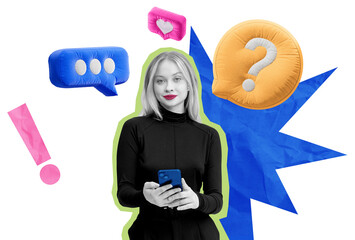 Poster - Woman inoutfit holding smartphone, surrounded by colorful abstract speech bubbles, question mark, and exclamation point on a white background