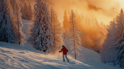 Aufkleber - A skier glides down a snowy slope surrounded by frost covered trees, illuminated by a stunning sunset creating a warm orange glow in the sky.